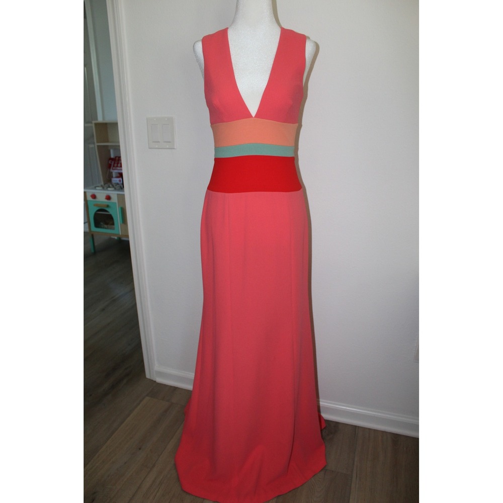 BCBG MAXAZRIA 2014 Lizette Colorblock V-Neck Gown Coral Pink Red Size 0
